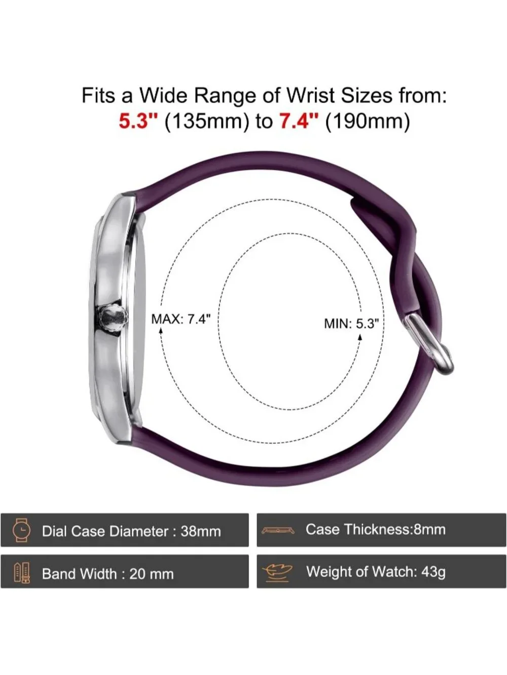 Women's Silver Purple Easy to Read Military Time Waterproof Luminous Wrist Watch